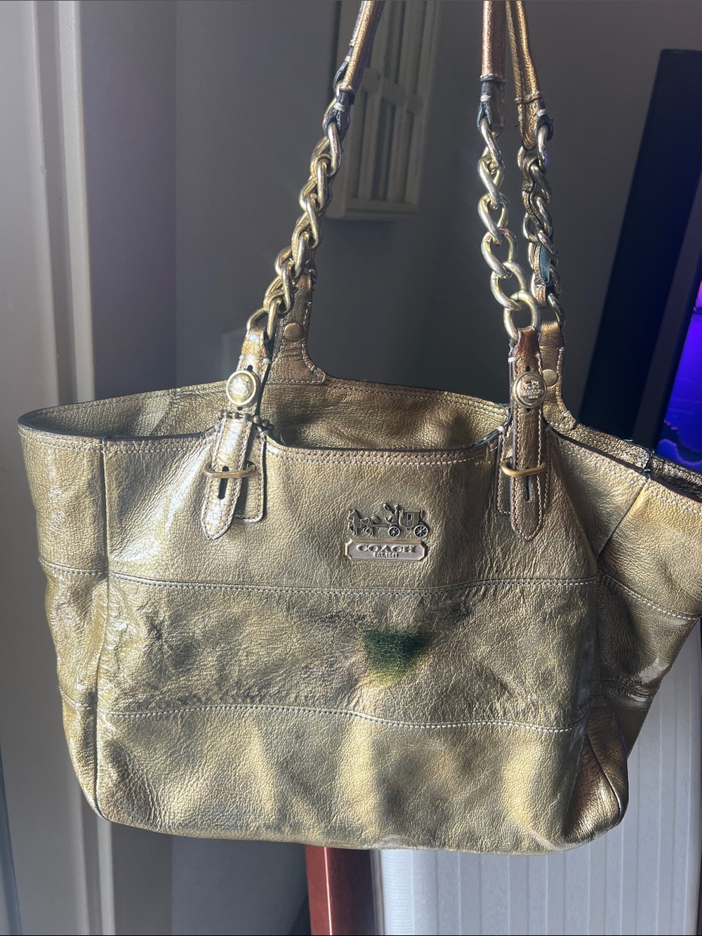 Coach Metallic Gold Leather Tote with Chain-Detail Straps